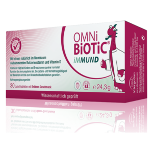 Verpackung von OMNiBIOTiC iMMUND, Nahrungsmittelergänzung mit Erdbeergeschmack und Vitamin D, 30 Lutschtabletten.