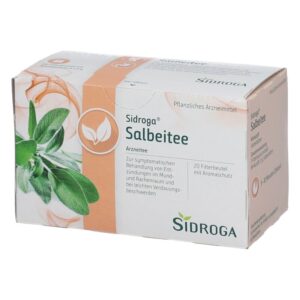 Verpackung von Sidroga Salbeitee, ein pflanzliches Arzneimittel zur Behandlung von Mund- und Rachenentzündungen.
