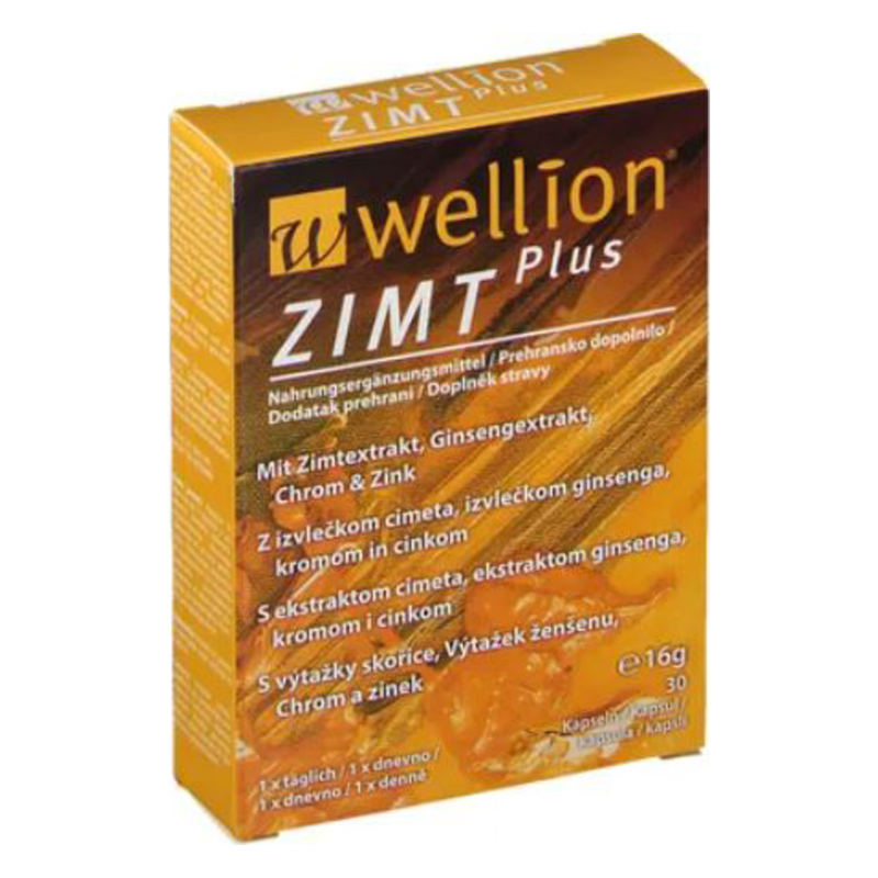 Verpackung von Wellion Zimt Plus Nahrungsergänzungsmittel mit Zimt- und Ginseng-Extrakt, Chrom und Zink.