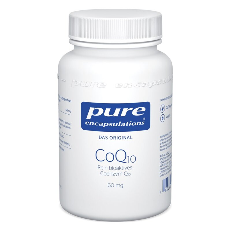 Weißer Kunststoffbehälter mit Schraubverschluss, beschriftet mit 'pure encapsulations CoQ10', 60 mg, vegan.