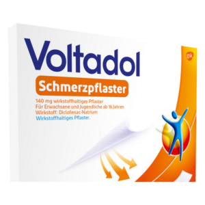 Verpackung eines Voltadol Schmerzpflasters mit Schriftzügen zu Wirkstoff und Anwendungshinweisen.