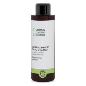 Flasche mit talgregulierendem Physiotherapie-Shampoo, enthält Aminosäuren und Birkenextrakt, um Haare zu reinigen.