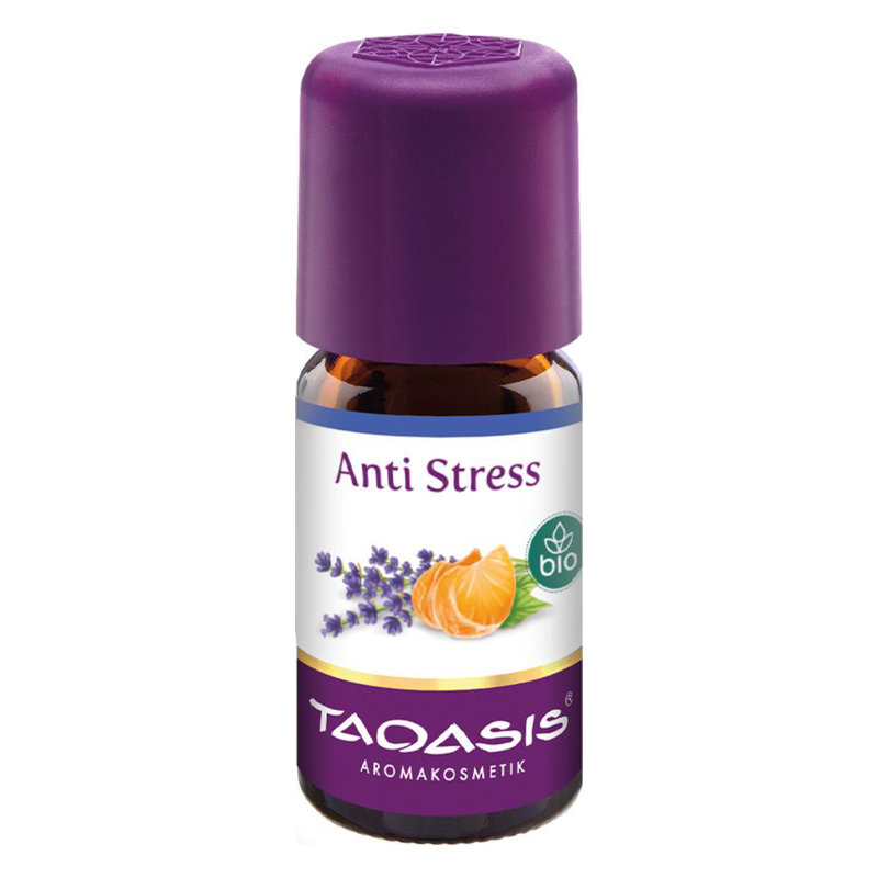 Braune Flasche mit lila Deckel, Etikett mit der Aufschrift "Anti Stress" und abgebildeten Lavendelblüten und Zitrusfrüchten.