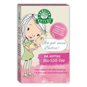 Verpackung von Dr. Kottas Bio-Still-Tee mit einer Illustration einer Frau, die ein Baby hält, in sanften Farben.