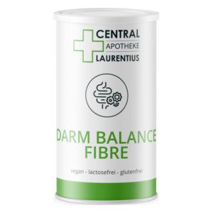 Deckel- und weißer Behälter mit grünem Schriftzug für ein Ballaststoffprodukt, vegan und glutenfrei, Apotheke Laurentius.