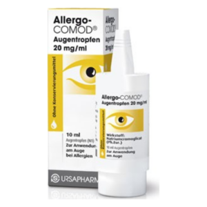 Augentropfen in einer weißen Flasche mit gelbem Etikett und Kartonverpackung, geeignet für Allergien.