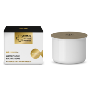 Weißer Behälter mit holzfarbenem Deckel für osmotische Nachtcreme, verpackt in schwarzem Karton.