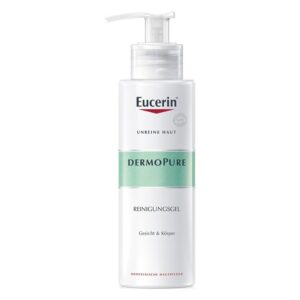 Eucerin DermoPure Reinigungs gel in einer weißen Flasche mit Pumpe, für Gesicht und Körper.