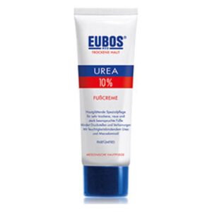 Tube mit EUBOS Fußcreme, 10% Urea, für trockene Haut, mit feuchtigkeitsspendenden Inhaltsstoffen.