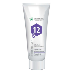 Tube mit Salbe Nr. 12 für den Stoffwechsel der Haut, beschriftet mit verschiedenen Sprachen.