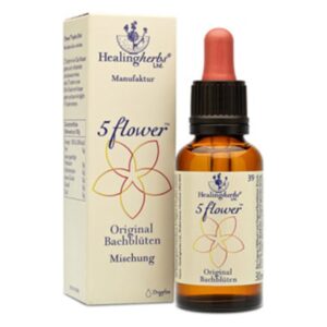 Braune Glasflasche mit Pipette und verpackt in einer hellen Kartonbox, beschriftet mit "5 flower" und "Original Bachblüten Mischung".