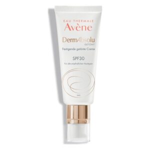 Tubenverpackung einer getönten Creme von Avène mit SPF 30, für empfindliche Hauttypen geeignet.