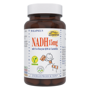 Braune Flasche mit 50 Kapseln NADH 15mg, Co-Enzym Q10 und Carnitin, vegan, mit Energiesymbol.