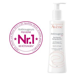 Flasche mit weißem Pumpverschluss, enthält beruhigende Reinigungslotion für empfindliche Haut. Logo: Nr. 1 bei Rötungen.