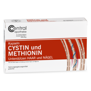 Verpackung von Cystin und Methionin Kapseln zur Unterstützung von Haar und Nägeln, glutenfrei, mit detaillierten Nährstoffhinweisen.