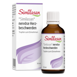 Flasche mit 'Similasan' Tropfen für nervöse Herzbeschwerden, beigelegt in einer Verpackung mit lila Akzenten.