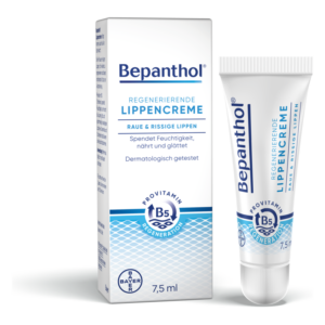 Packung und Tube von Bepanthol regenerierender Lippencreme für rauhe und rissige Lippen, dermatologisch getestet.