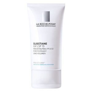 Tube mit feuchtigkeitsspendender Gesichtscreme von La Roche-Posay, mit UV-Schutz und Anti-Aging-Eigenschaften.