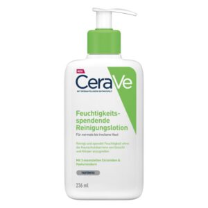 Flasche mit feuchtigkeitsspendender Reinigungsmilch von Cerave, parfümfrei, für normale bis trockene Haut.