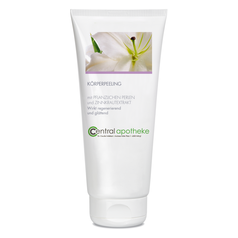 Körperpeeling in einer weißen Tube mit floralem Bild, regenerierend und glättend, mit pflanzlichen Perlen.