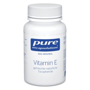 Flasche mit Vitamin E von Pure Encapsulations, mit blauem Logo und weißen Etikett, auch in deutscher Sprache.
