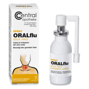 Flasche mit ORALflu Hals-Spray und Kartonverpackung, zur Linderung von Halsreizungen.