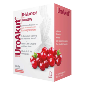 Verpackung von UroAkut D-Mannose Cranberry mit Informationen zur Anwendung bei Harnwegsinfekten und Zutaten.