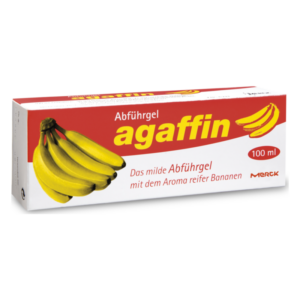Verpackung von Agaffin Abführgel, 100 ml, mit Bananenillustration und rotem Hintergrund.