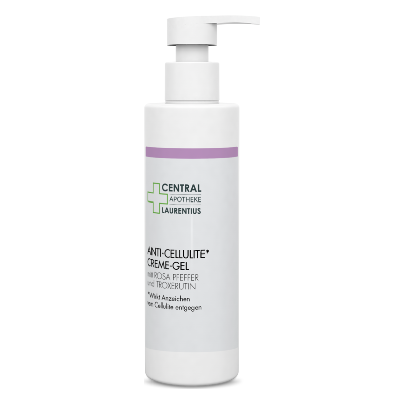 Pumpflasche mit Anti-Cellulite Creme-Gel, enthält Rosa Pfeffer und Troxerutin, Wirkung gegen Anzeichen von Cellulite.