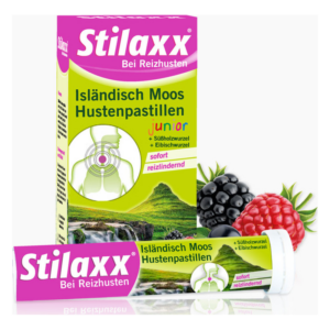 Verpackung von Stilaxx Hustenpastillen Junior mit Bildern von Kräutern und gesundheitlichen Hinweisen.