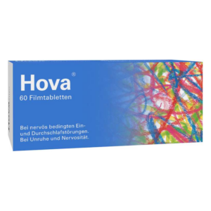 Packung Hova mit 60 Filmtabletten für nervöse Schlafstörungen und Unruhe, bunte grafische Gestaltung.