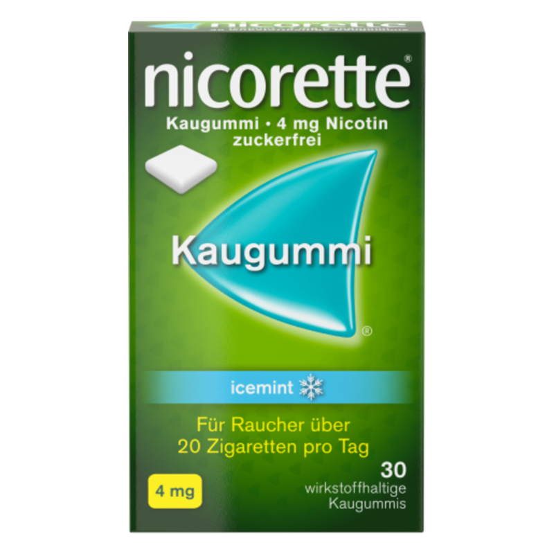 Packung Nicorette Kaugummi in grüner und blauer Gestaltung, mit Hinweis auf 4 mg Nikotin und zuckerfrei, Geschmack: icemint.