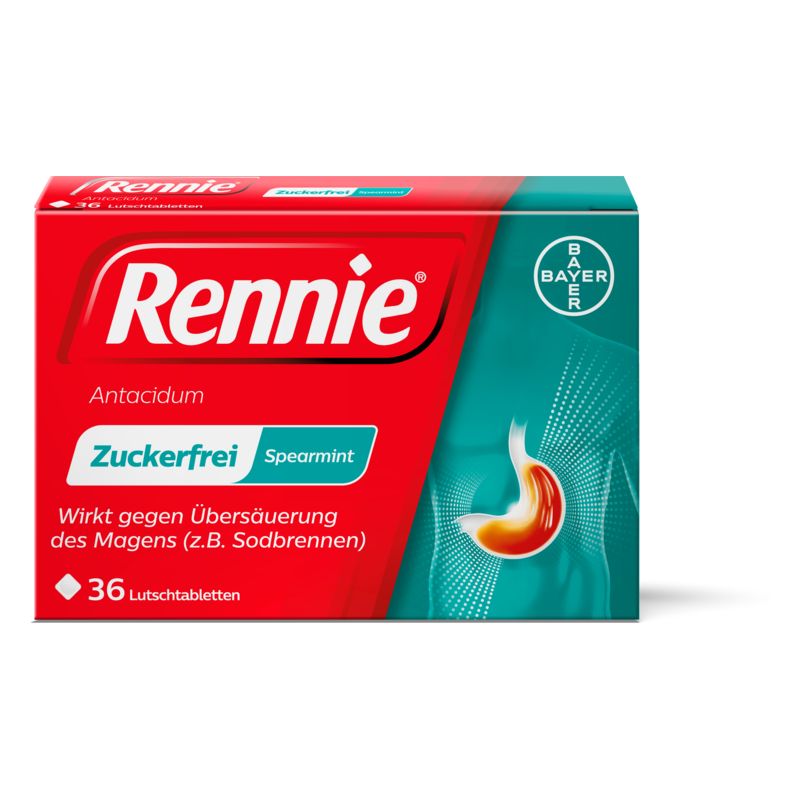 Packung mit runden Lutschtabletten von Rennie, zuckerfrei in Spearmint-Geschmack, mit Hinweisen zur Anwendung und Wirkung.