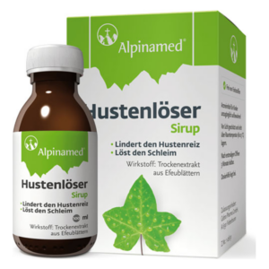 Packung und Flasche des Hustenlöser-Sirups von Alpinamed, mit Hinweis auf Wirkstoffe und Nutzungshinweise.