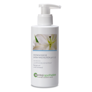 Flasche mit physiologischer Intim-Waschlotion, Pumpspender und Abbildung einer weißen Blume, pH 5.5.
