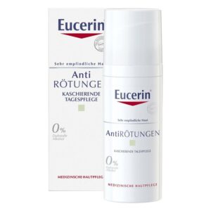 Eucerin Anti-Rötungen Tagespflege in einer weißen Flasche mit Pumpverschluss, verpackt in einer weißen Schachtel. Effiziente Hautpflege für empfindliche Haut.
