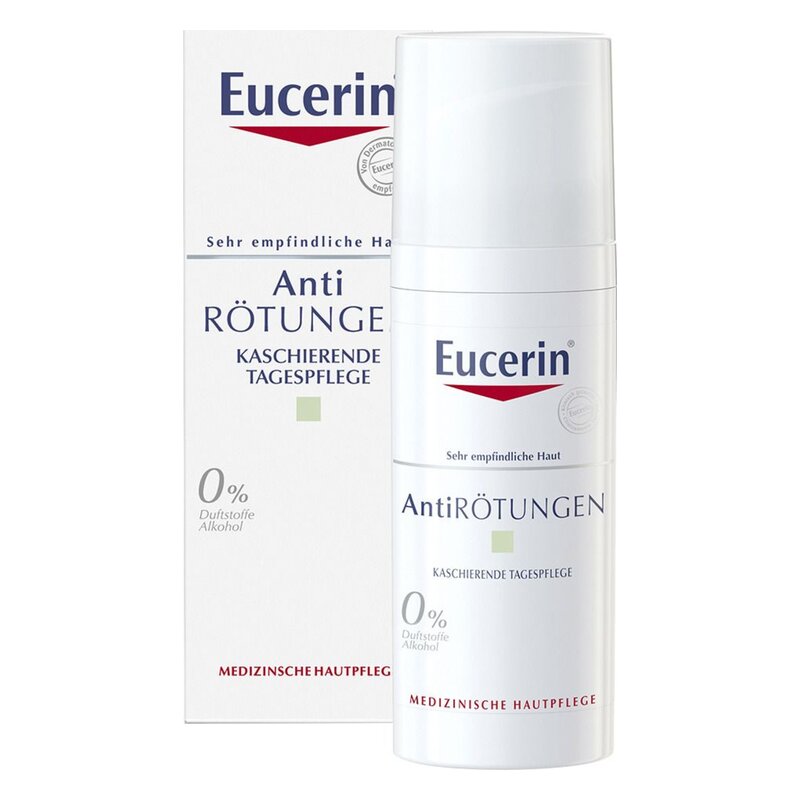 Eucerin Anti-Rötungen Tagespflege in einer weißen Flasche mit Pumpverschluss, verpackt in einer weißen Schachtel. Effiziente Hautpflege für empfindliche Haut.
