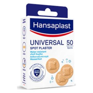 Packung mit Hansaplast Universal Pflastern, wasserfest, mit abgebildeten Pflastern auf der Vorderseite.