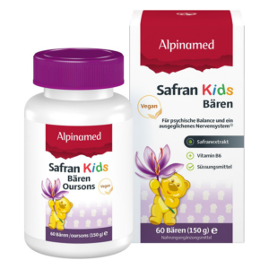 Flasche mit veganen Safran Kids Bären, umgeben von einer Verpackung mit bunten Details und einem Bärenmotiv.