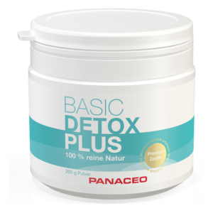 Weißer Behälter mit Schraubverschluss, beschriftet mit 'BASIC DETOX PLUS', 200 g Pulver, für natürliche Entgiftung.