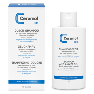 Flasche mit Dusch-Shampoo von Ceramol 311, ohne Duftstoffe, für empfindliche Haut und Haare, Verpackung im modernen Design.