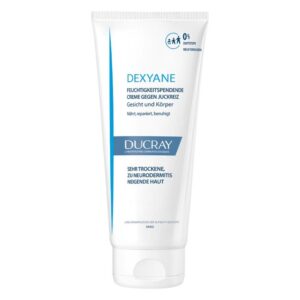 Dextane Creme in einer weißen Tube für sehr trockene, zu Neurodermitis neigende Haut, pflegt und beruhigt.
