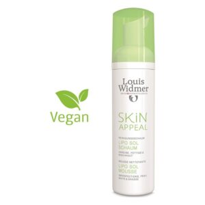 Reinigungsfoam in einer weißen Flasche mit grünem Pumpkopf, vegan gekennzeichnet.