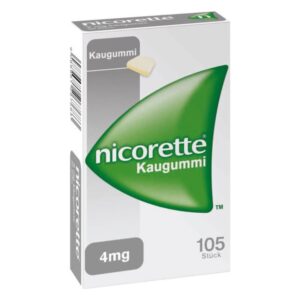 Packung Nicorette Kaugummi, grüne Verpackung mit der Aufschrift '4mg' und 'Kaugummi', 105 Stück.