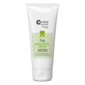 Tube mit Baby Hautschutz-Creme, weiß mit grüner Etikette, enthält Panthenol und Baumwollöl