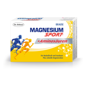 Verpackung von Dr. Böhm Magnesium Sport Brause mit Hinweise zu Muskelkraft, Ausdauer und schneller Regeneration.