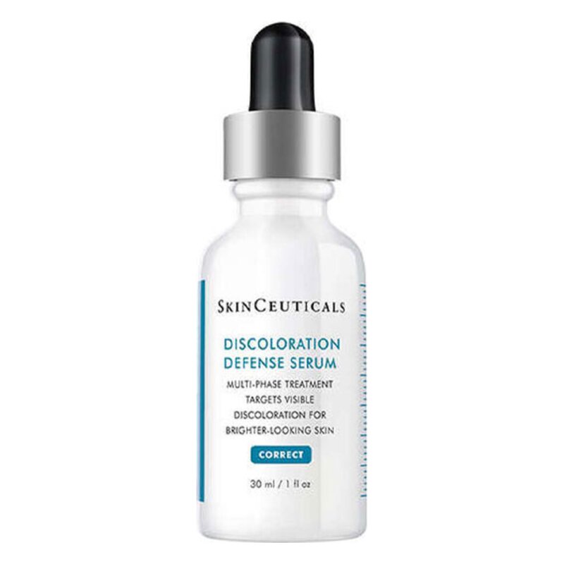 Flasche mit SkinCeuticals Discoloration Defense Serum, Verpackung in Weiß und Blau, Pipettenverschluss.