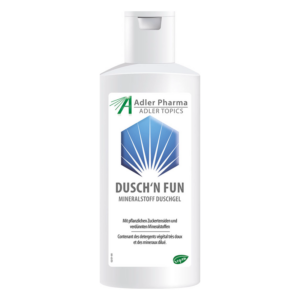 Flasche mit Duschgel namens 'DUSCH'N FUN' von Adler Pharma, mit blauem Logo und mineralstoffhaltiger Formulierung.