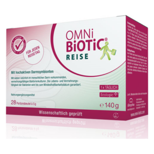 Verpackung von OMNi BiOTiC REISE, einem Nahrungsergänzungsmittel mit hochaktiven Darm-Symbionten für Reisen.