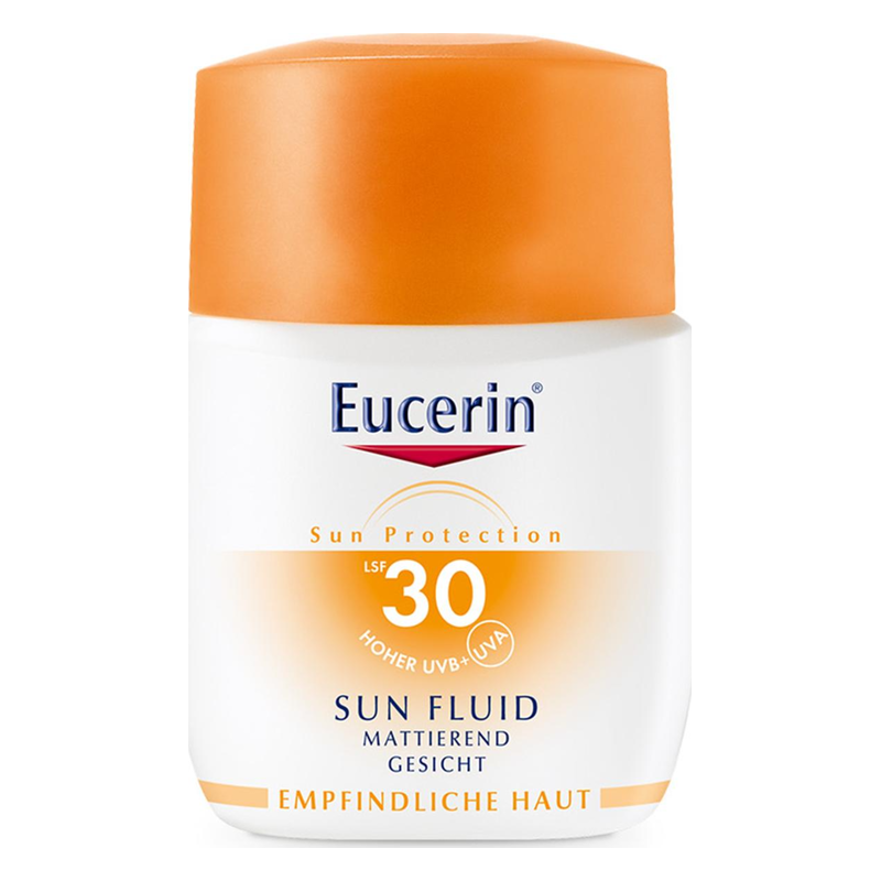 Sonnenschutzfluid von Eucerin mit Lichtschutzfaktor 30, für empfindliche Gesichts Haut, mattierende Formulierung.